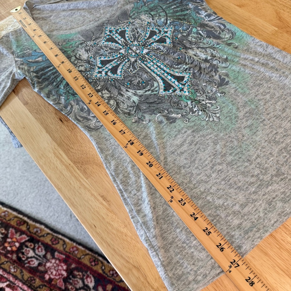 Y2K Angels & Diamonds Cross Graphic Rhinestone Lace Top Size M Bling Embellished - Picture 9 of 10